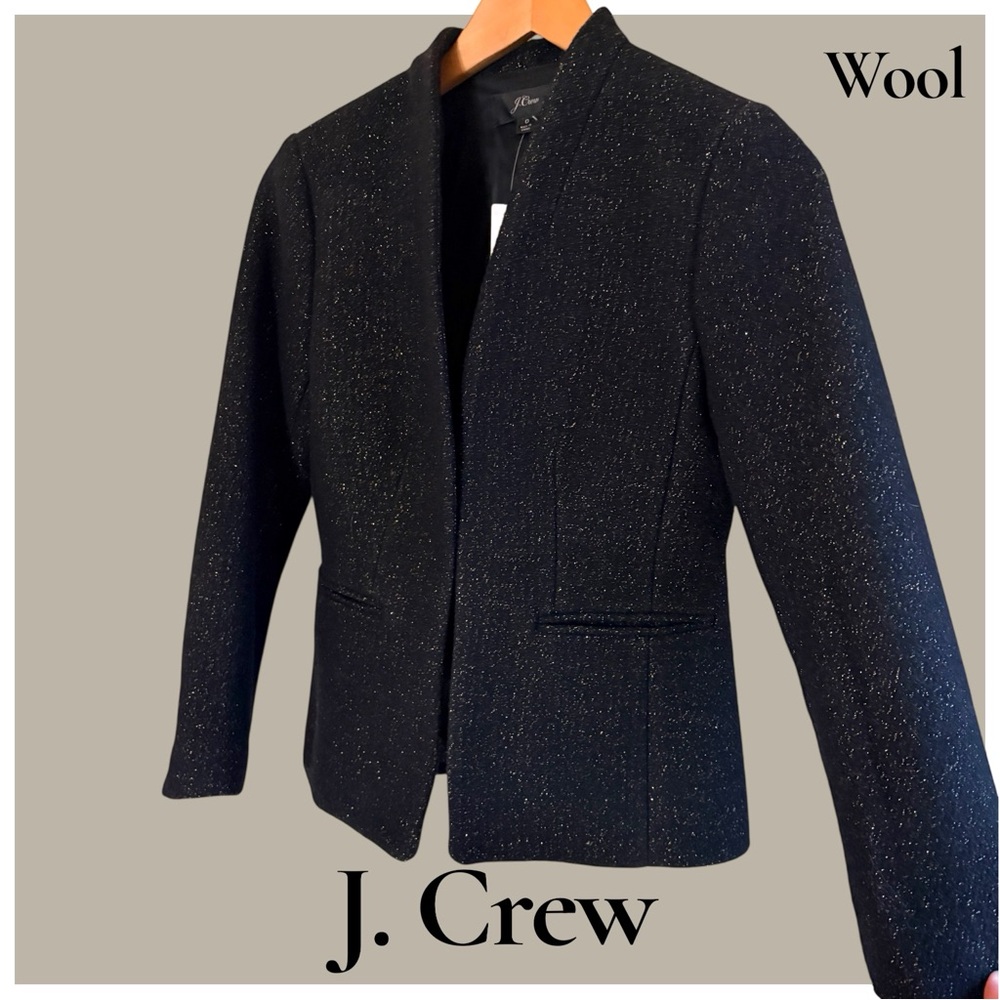 J. Crew Black Sparkle Wool Open-Front Blazer. Pockets/Lined. Size 0. New w/tags!